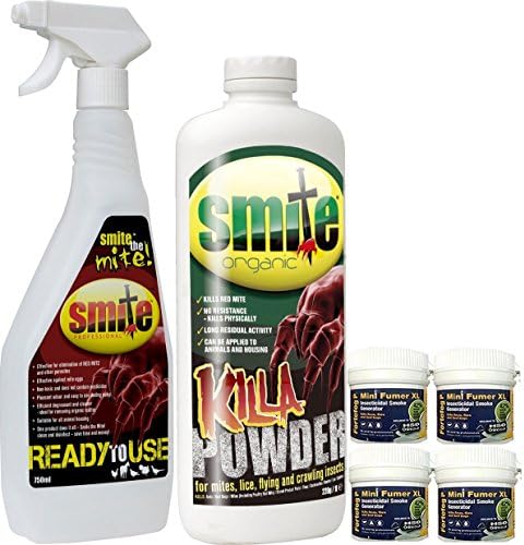 SMITE RED MITE DEGREASER DISINFECTANT SPRAY 750ML and ORGANIC POULTRY POWDER 220G WITH 4 X FUMERS FOR CHICKEN COOP HOUSE AVIARIES CAGES
