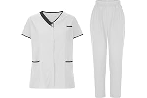 SYDUZAX Ensemble Uniformes Femme Vêtements De Protection Blouse Infirmière Santé Uniforme Médical Haut et Pantalon Travailleur De Soins Manches Courtes Couleur Unie Tenue Aide Soignante Professionnelle