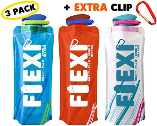 FOLDABLE WATER BOTTLE SET OF 3 - Large 700ML | BPA Free by FLEXI - Collapsible Bottle, Portable, Soft, Squeezable &amp; Flexible Bottles For Hiking, Outdoor, Camping, Adventure, Gym &amp;Travel - Plastic Sports Bottles. Refillable, Reusable, Ultra Durable - EXTRA Carabiner Clip