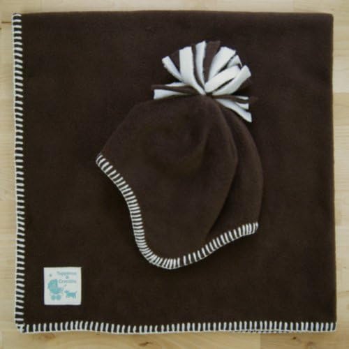 Tuppence and Crumble soft fleece Baby Blanket and Matching Tasslel Hat Chocolate 3-6 months