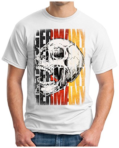 OM3 – GERMANY-SKULL – T-Shirt DEUTSCHLAND EM 2016 FRANKREICH FRANCE FUSSBALL FANSHIRT SOCCER SPORT TRIKOT EUROPAMEISTER, XL, weiss