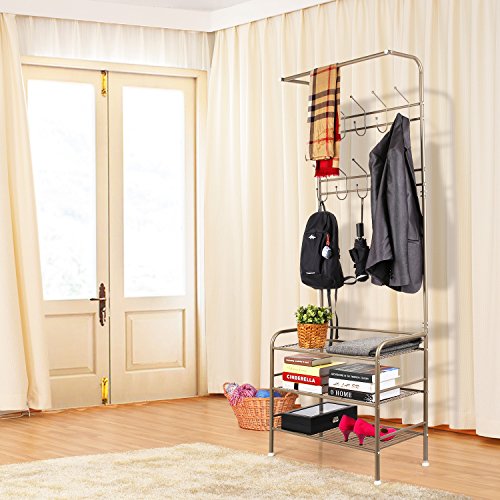 HOMFA Kleiderständer Schuhregal Garderobenständer Garderobenhaken Flurgarderobe Garderobenmöbel 3 Ablagefächer Schuhablagen mit 20 Haken,68.5x34x190cm(Champagnerfarbe) - 8
