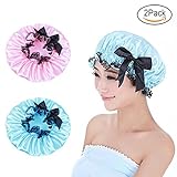 Duschhaube Wiederverwendbar Damen Elastische Wasserdichte doppelte Schicht Frauen Duschhaube für Bad oder Spa (blau und rosa)