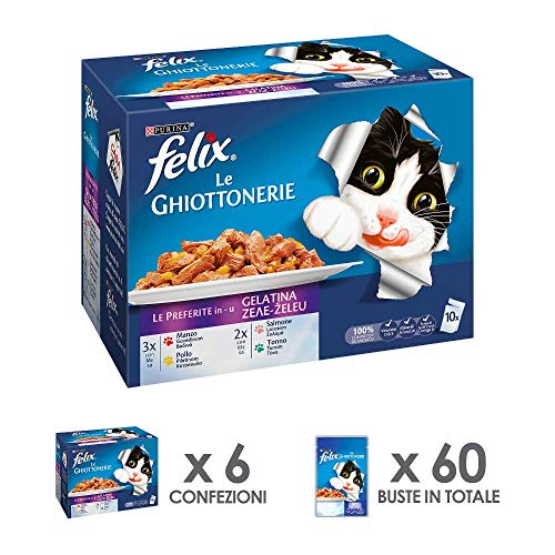 Felix purine Les gourmandises Carton pelliculé Texte Humide Chat Les Favorites avec Boeuf/Poulet/Saumon et Thon, 60 Pochettes de 100 g chacune (6 boîtes de 10 x 100 g)