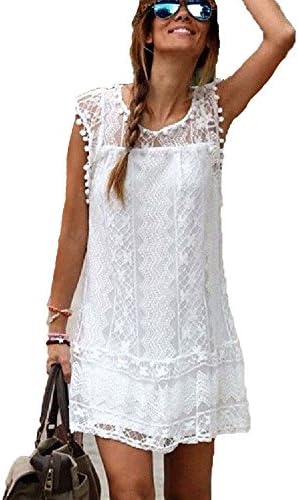 WINWINTOM Floral Printed Dresse, Women's Summer Casual Lace Sleeveless Dress Round Neck Tassel Beach Party Short Mini Dress (White, XL)