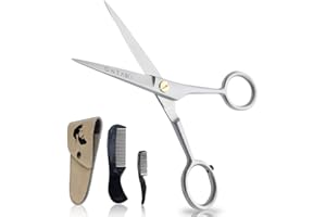 ONTAKI Professional Beard Moustache Scissors German Steel Comb & Carrying Pouch Hand Forged Bevel Edge Precision Mustache Comb Perfect Men’s Facial Hair Grooming Kit for All Body Facial Hair (Satin)