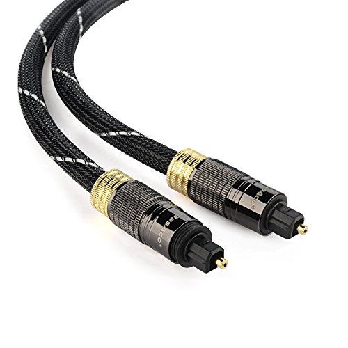 BasAcc Digital Optical Audio TosLink Cable 6 Feet (1.8m) with Metal Connectors & Braided Nylon Jacket, Black/Gold