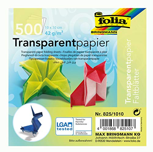 folia 825/1010 - Transparentpapier - Faltblätter, 10 x 10 cm, 500 Blatt, 42 g/qm, sortiert in 10 Farben - ideal für wunderschöne Faltfiguren und -formen
