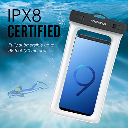 MoKo Custodia Impermeabile Galleggiante con bracciale e fascetta da collo per iPhone X / 8 / 7 / 7 plus / SE / 6s Plus / 6s, Galaxy S7 / S7 Edge e altri Smartphone - IPX8 Certificato, BIANCO