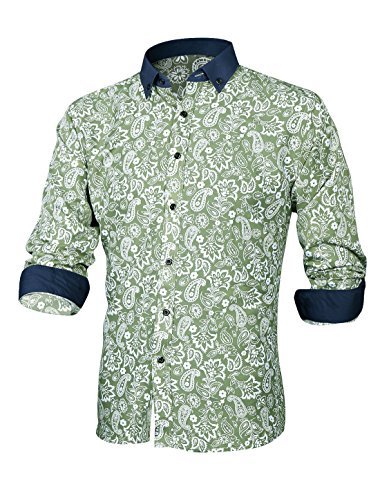 Move&Moving(TM) Men Paisleys Floral Prints Button Closed Casual Shirt Emerald M