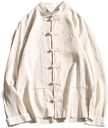 PFSYR Men's Shirt Cotton Long Sleeve Shirt Chinese Style Button Retro Vintage Collar Top Chinese Style Embroidery,White-XXXL