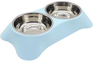 Angeer Stainless Steel Double Pet Bowl, Detachable Cat & Dog Food Water Dish with Anti-Slip for Cats/Dogs, Durable Split Feeding Bowls for Puppy/Kitten (L, Blue)