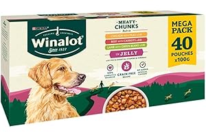 FIZPORIUM Winalot Perfect Portions in Jelly Adult Wet Dog Food Pouches 20xBeef & Carrots 10xChicken & Peas 10xLamb, Green Beans.