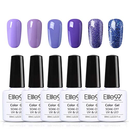 Elite99 Esmalte de Uñas, Esmaltes Semipermenentes para Uñas, 6pcs Kit de Uñas de Gel, Soak off Pintauñas de Colores para Manicura 10ml - Morado 019