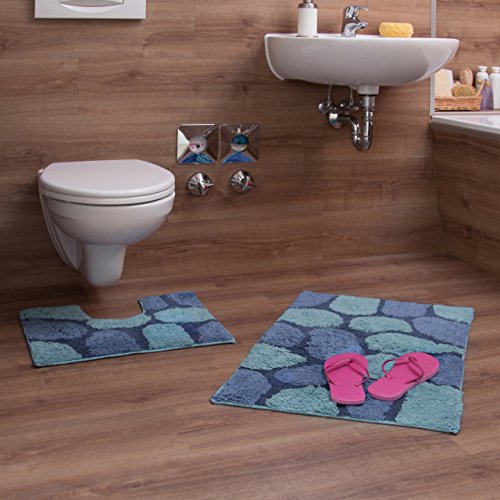 Relaxdays Badgarnitur 2-teilig in Steinoptik, Für Fußbodenheizung, Waschbar, Badematte und WC-Vorleger, Mit Ausschnitt für Stand-WC, 80 x 50 cm, blau - 2