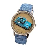 Damen Uhr Herren Twill wasserdicht Sport Armbanduhr Auto Muster Denim Lederarmband