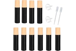 YORROR 10 flaconi per oli essenziali in vetro smerigliato, 10 ml, ricaricabili, con sfera in acciaio inox, tappo a grana di legno, rullo da viaggio vuoto, oli essenziali (nero)