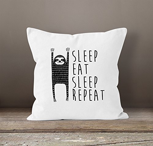 lustiger Kissenbezug Sleep eat Sleep Repeat Faultier Kissen-Hülle 40×40 Baumwolle Moonworks® weiß 40cm x 40cm - 2