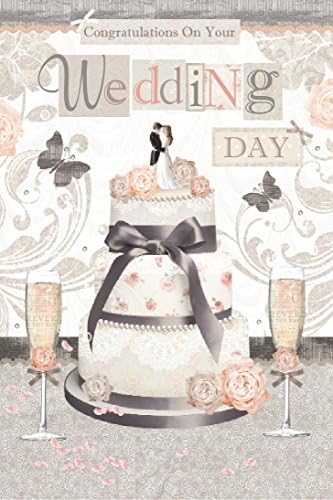 Wedding Day Greetings Card - Wedding Cake, Champagne &amp; Peach Roses 8.5" x 5.5"