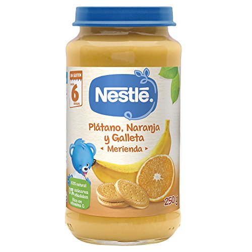 Nestlé Purés Merienda, Tarrito de puré de fruta y galleta sin gluten, variedad Plátano, Naranja y galleta, para bebés a partir de 4 meses - Tarrito de 250 gr