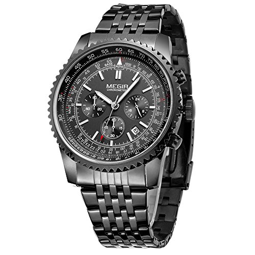 Megir Herren Sport Armbanduhr Schwarz Edelstahl Analog Quarz Chronograph Wasserdicht Analog 2008 Megir Herren Sport Armbanduhr Schwarz Edelstahl Analog Quarz Chronograph Wasserdicht Analog 2008