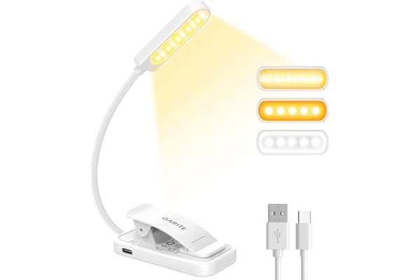GARITE Luz Lectura, 10LEDs Lampara de Lectura con Atenuación Continua,Protección Ocular 3 Modos (Cálido/Blanco/Mixto), USB C Recargable, 360°Flexible Luz de Lectura con Clip para Cama, Tableta, Viaje