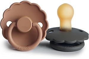 FRIGG Daisy látex chupete 2-Pack | Chupete de goma natural | Fabricado en Dinamarca | Sin BPA | Tetina simétrica tipo cereza | (Graphite/Peach Bronze, Talla 1 (0-6 Meses))