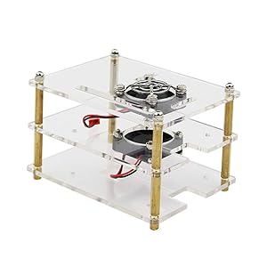 H HILABEE 2 Layers Clear Acrylic Cluster Case Enclosure with Heat Dissipation Cooling Fan for DIY Assembly, Ideal for Raspberry Pi 3 B/B+, Pi 2 B/B+