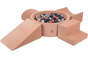 KiddyMoon Spielplatz Velvet Aus Schaumstoff Mit Samt Rund Bällebad (200 Bälle) + Version 5 Ballgruben Für Babys Spielbad, Hergestellt In EU, Wüstenrosa: Dunkeltürkis/Pastellbeige/Grüngrau/Lachsfarben