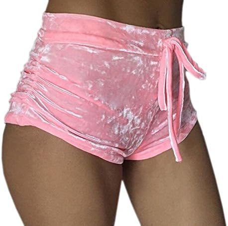GGTFA Women Winter Velvet Fitness Sports Shorts High Waist Drawstring Gym Workout Yoga Hot Pants Pink M