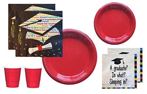 Graduation Party Supplies 2018 schwarz blau rot multi colored Einweg Geschirr Große und kleine Kunststoff Teller Servietten Becher für 18-20 Gäste