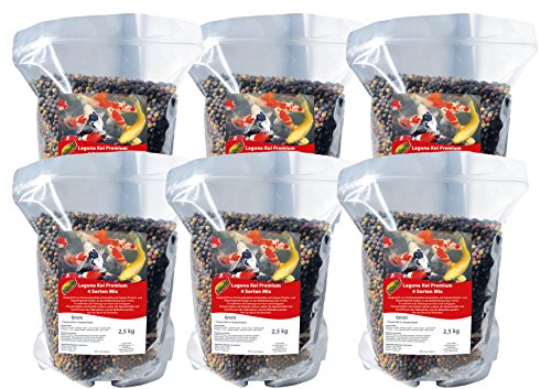 Fischfutter 4 Sorten Mix Koifutter 15 kg !!! (ca. 30 Liter) mit Spirulina 6mm Koifutter Qualität aus Deutschland 5 kg !!! (6x2,5kg)