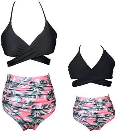GQY Women Printing Halter Bikini Sets 2 Piece High Waist Beach Swimwear Family Matching Outfits Mother and Daughter Swimsuits,Black,Mother M