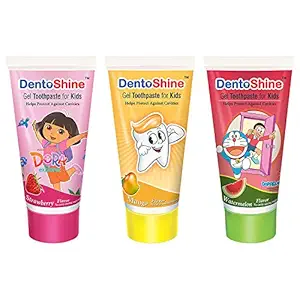 DentoShine Gel Toothpaste for Kids - Pack of 3 Flavors (Strawberry, Mango & Watermelon, 80 g each)