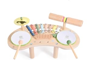 Asweets 7 en 1 Ensemble de Batterie pour Tout-Petits, Bois Instrument de Musique pour Bébés, Jouet Musical Montessori, Cadeau pour Filles et Garçons de 3 Ans Et Plus