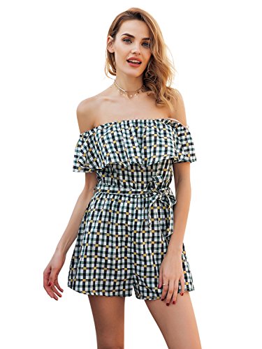 Missy Chilli Women's Sexy Off Shoulder Short Sleeve Playsuit Casual Summer Ruffle Check Loose Short Jumpsuit Romper