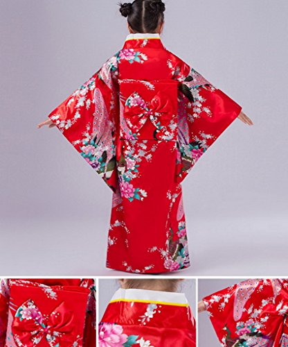 Smile YKK Kind Mädchen Geblümt Pfau Bilder Kimono Uniform Kleid Maxirock Party Kleid 140 Rot - 2