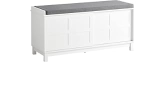 SoBuy Banco Zapatero con Asiento Acolchado - Zapatero Entrada Recibidor con Puertas Corredizas, 150 kg de Capacidad, Diseño Blanco para Dormitorio, Pasillo y Entrada, Fácil Montaje - FSR86-W