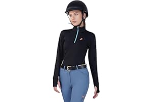 Preto Women’s Base Layer Top Girls Long Sleeve Athletic Thermal Shirts - Equestrian Apparel & Gear for Horseback Riding(Black/Aqua)