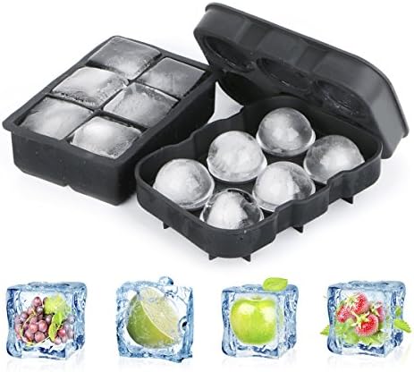 Silicone Ice Cube Trays Combo (Set of 2) - Ruipye Sphere Whiskey Ice Ball Maker with Lids &amp; Large Square Ice Cube Molds for Cocktails &amp; Bourbon - Reusable &amp; BPA Free