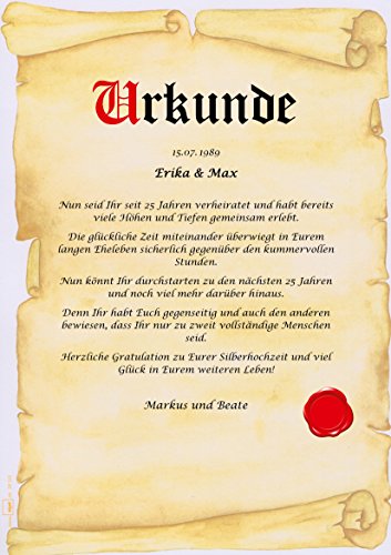 Silberhochzeit Urkunde persönliche Geschenk Karte zum 25. Hochzeitstag Pergament div. A4 Papier Motive - 3
