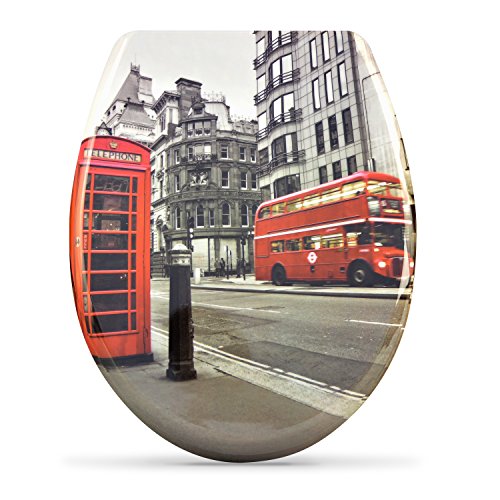 Asiento de inodoro con mecanismo de cierre suave - Diseño "London" - Tapa de inodoro duroplast con motivo incluido Kit de montaje - Grinscard
