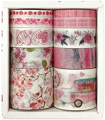 YellowCult Romantic Theme Pink Washi Tapes Set with 4 sizes| 30mm 15mm 8mm 5mm|Decorative Colorful Tape| Floral Japanese Pastel Seasonal Art | Bujo Supplies | Scrapbook Tape 10 Rolls