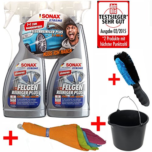 Preisvergleich Produktbild SONAX XTREME Felgenreiniger Plus 2x 500 ml - inklusive Felgenreinigungsbürste, 5 extragroße Mikrofaser-Poliertücher und Putzeimer