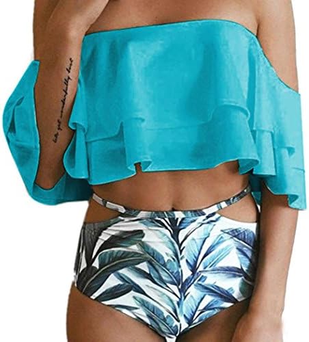 LILICAT Women's Swimwear Ladies Two Pieces Bikini Set, High -Waisted Trousers Backless Floral Printed Ruffle Off Shoulder Swimwear Push Up Padded Bathing Swimsuit Beachwear Summer (Blue, L)