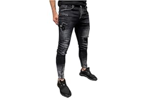 Beokeuioe Pantalones vaqueros con agujeros para moto, personalizados, pantalones góticos, ajustados, varios bolsillos, pantalones punk, negros y azules, para hombre
