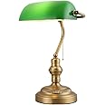 BarcelonaLED Lampada da Tavolo e da Scrivania Stile Banker Retrò Vintage con Paralume in Vetro Verde e Ottone per E27 Lampadi