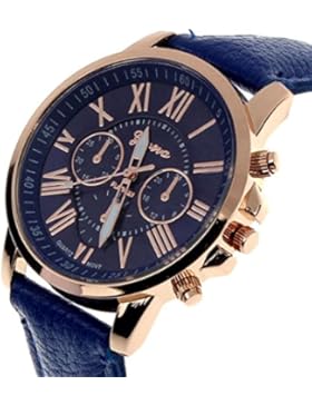 FEITONG Damenuhr Mode Römischen Ziffern Kunstleder Analoge Quarz Armbanduhr Dunkelblau Neu