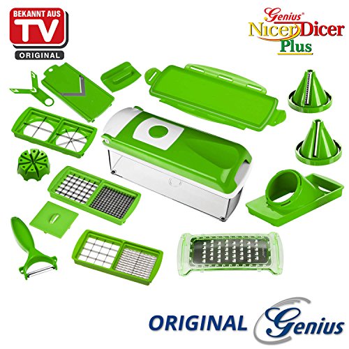 Genius Nicer Dicer Plus | 16 Teile | inkl. Nicer Julietti | Alles-Schneider | Hobeln | Würfeln | Julietti | Spiralen | Vierteln | Bekannt aus TV | NEU Farbe Kiwi