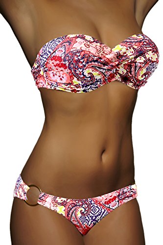 ALZORA Push Up Bandeau Twist Bikini Set Damen Pushup Badeanzug viele bunte Farben und Größen Top + Hose Set , 50001